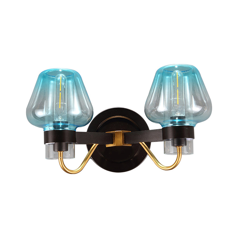 Mushroom Blue Glass Wall Mounted Lamp Modern 2 Bulbs Bedroom Sconce Light in Black