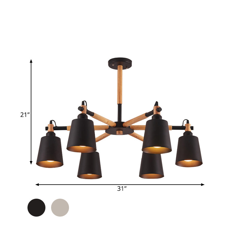 Cone Salon Chandelier Light Nordic Metal 6 Bulbes Lampe suspension noire / blanche avec bras en bois