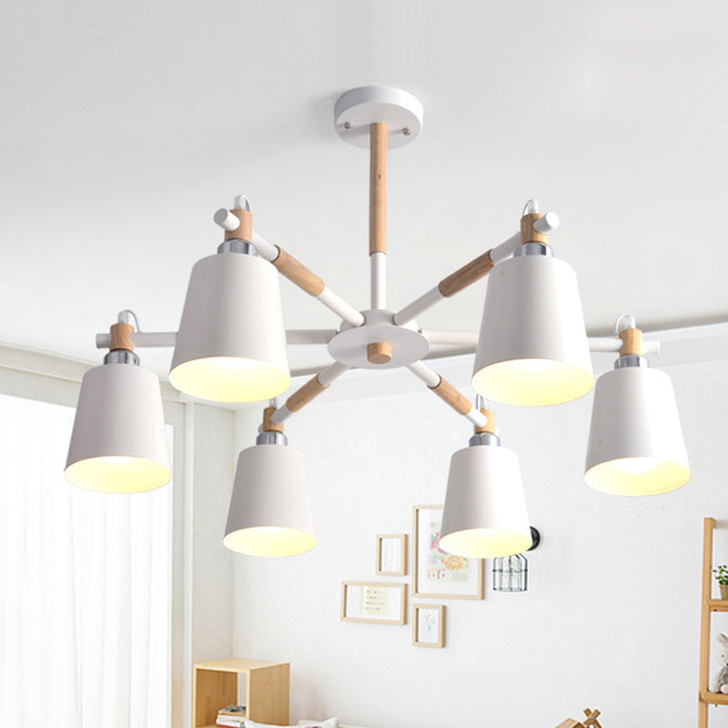 Cone Salon Chandelier Light Nordic Metal 6 Bulbes Lampe suspension noire / blanche avec bras en bois