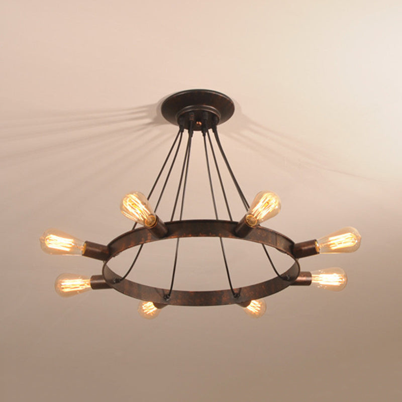 Brown 8 Bulbs Chandelier Lamp Industrial Metal Exposed Bulb Pedant Lighting Fixture with Circle Design