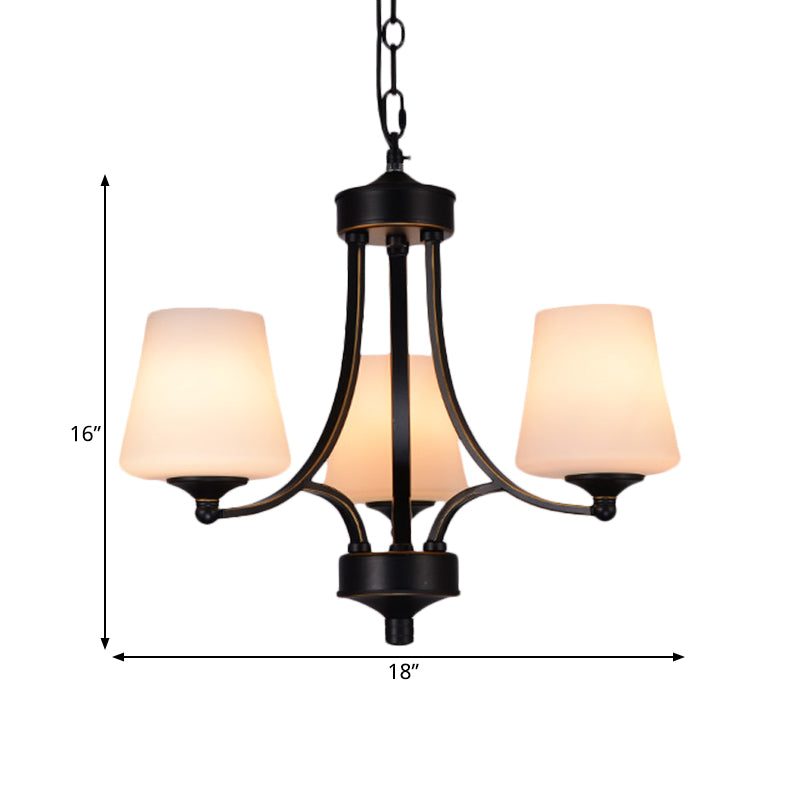 Traditionele tulpen kroonluchter verlichtingsarmatuur 3/5/8 bollen Melkglas hangluchting in het zwart voor eetkamer