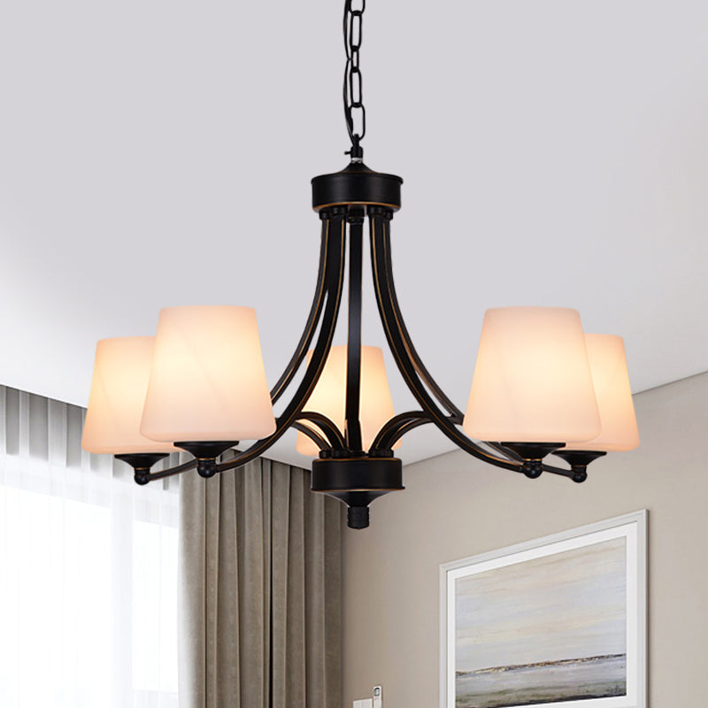 Traditionele tulpen kroonluchter verlichtingsarmatuur 3/5/8 bollen Melkglas hangluchting in het zwart voor eetkamer
