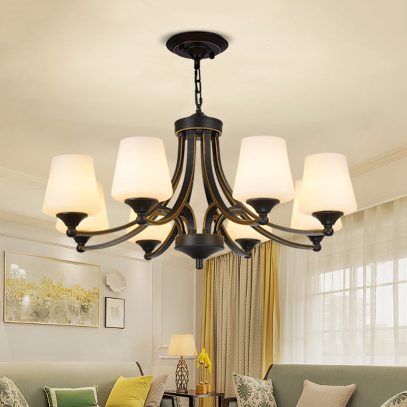 Traditionele tulpen kroonluchter verlichtingsarmatuur 3/5/8 bollen Melkglas hangluchting in het zwart voor eetkamer