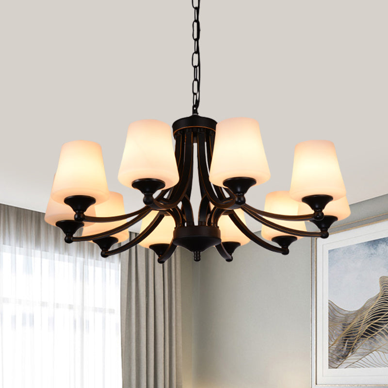 Traditionele tulpen kroonluchter verlichtingsarmatuur 3/5/8 bollen Melkglas hangluchting in het zwart voor eetkamer