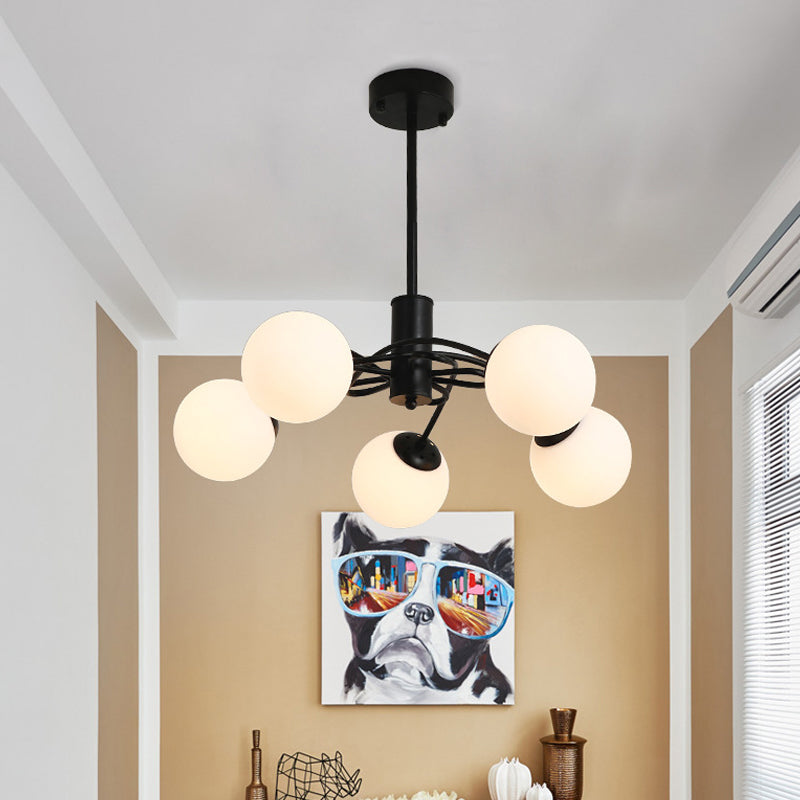 Globales Schlafzimmer Kronleuchter Beleuchtung Modernes weißes Glas 5-Bulb Black Anhänger Licht