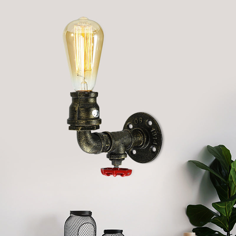 Bronze Plumbing Pipe Sconce Light Factory Metal 1 Bulb Restaurant Wall Lamp with Water Valve, 1/2 Packs