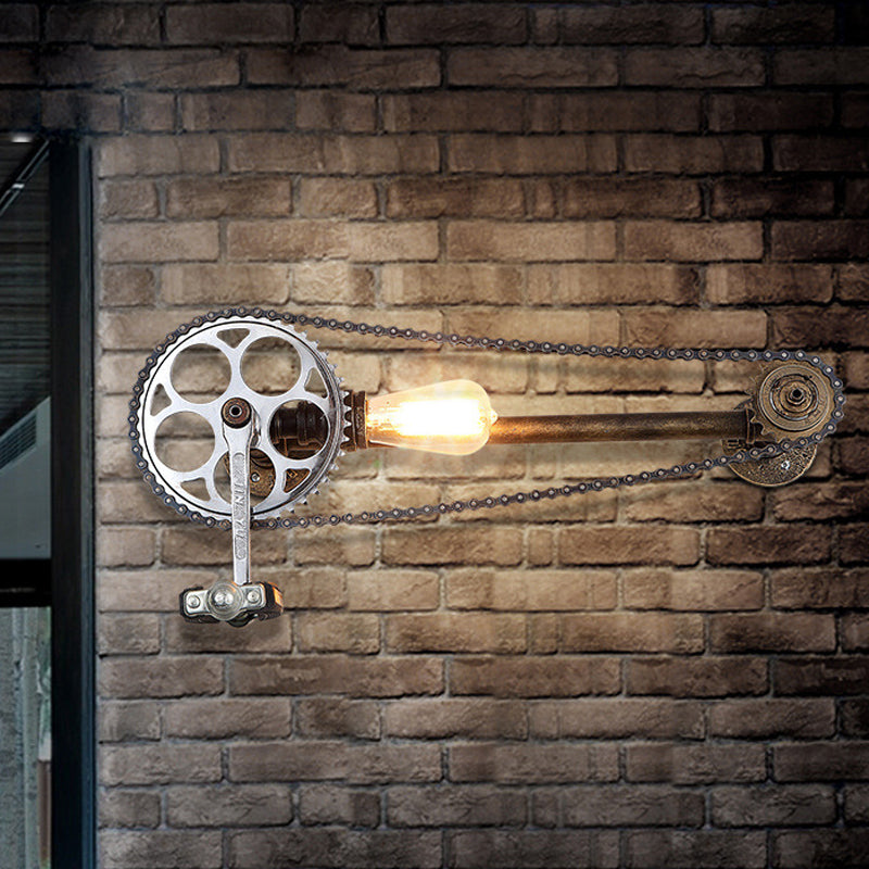Iron Gear Bike Wall Lamp Warehouse 1 Light Restaurant Wall Mounted Light in Bronze with Pipe Arm