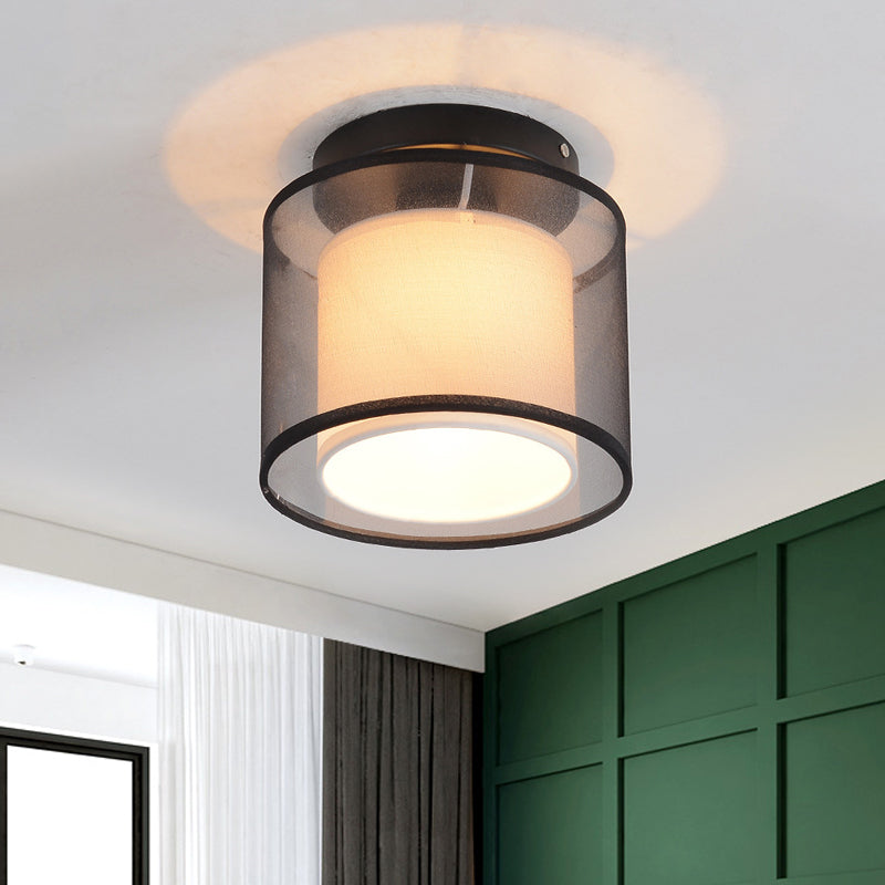 Black 1 Bulb Ceiling Light Fixture Industrial Fabric Dual-Layered Cylinder Flush Mount Lighting