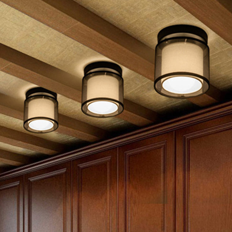 Black 1 Bulb Ceiling Light Fixture Industrial Fabric Dual-Layered Cylinder Flush Mount Lighting