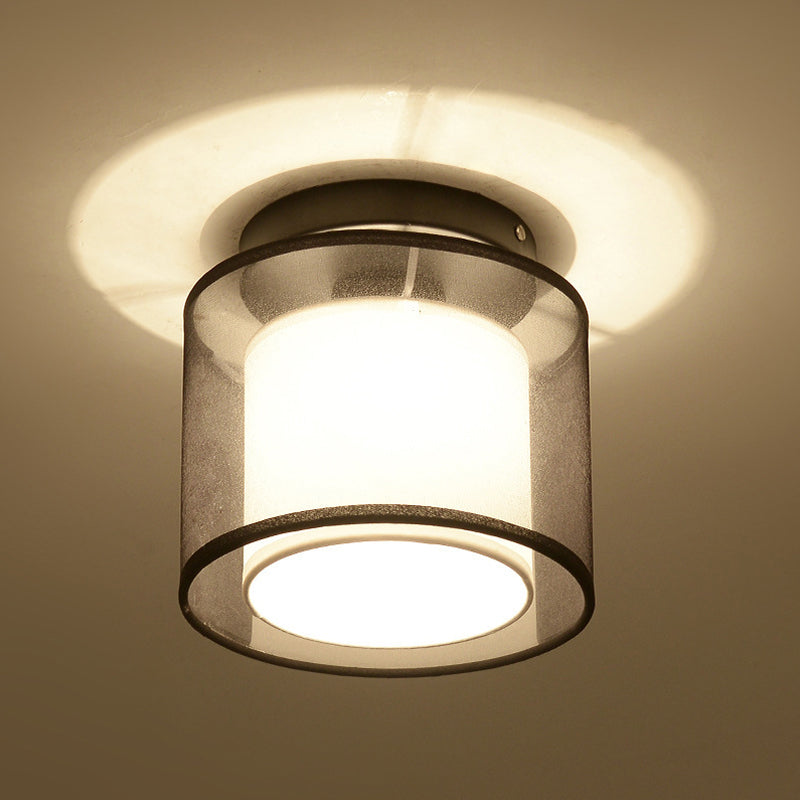 Black 1 Bulb Ceiling Light Fixture Industrial Fabric Dual-Layered Cylinder Flush Mount Lighting
