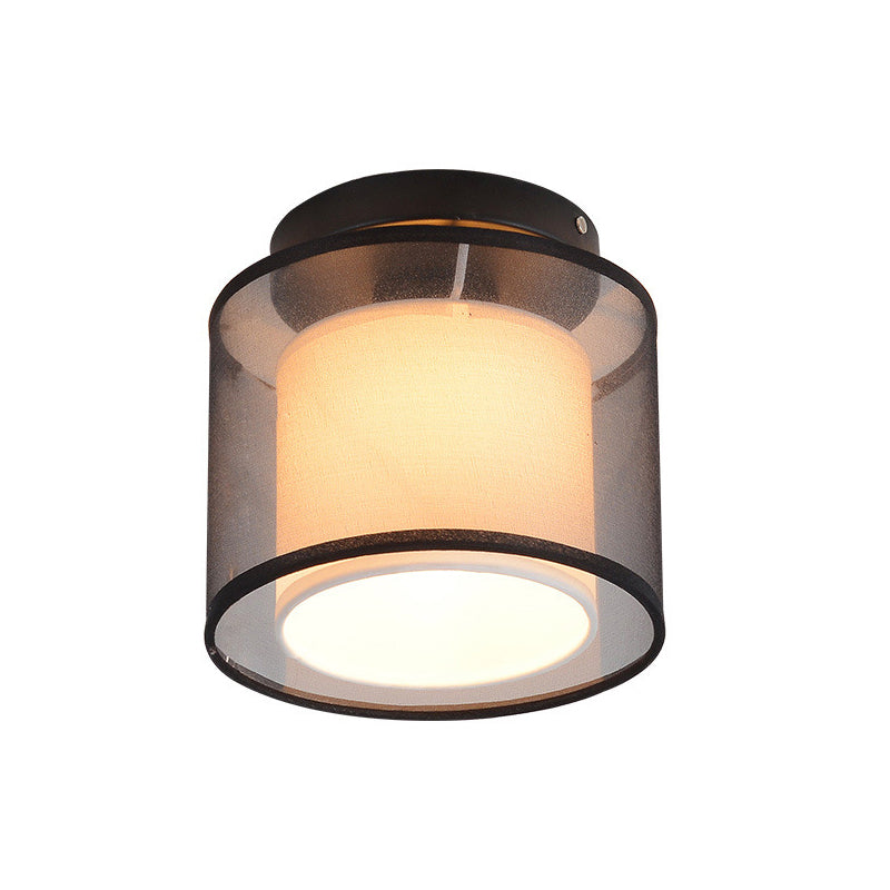 Black 1 Bulb Ceiling Light Fixture Industrial Fabric Dual-Layered Cylinder Flush Mount Lighting