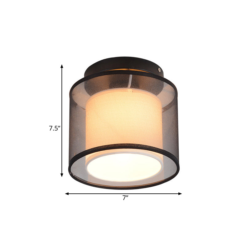 Black 1 Bulb Ceiling Light Fixture Industrial Fabric Dual-Layered Cylinder Flush Mount Lighting