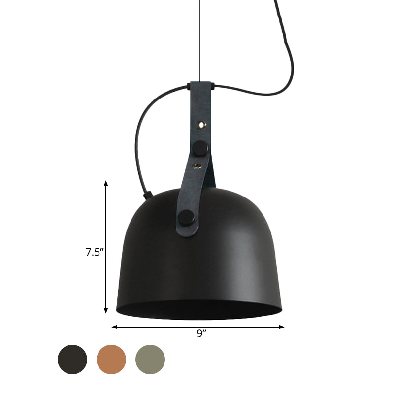 Iron Bowled Pendant Lamp Warehouse 1 Bulb Living Room Ceiling Light in Black/Copper/Silver with Leather Strap