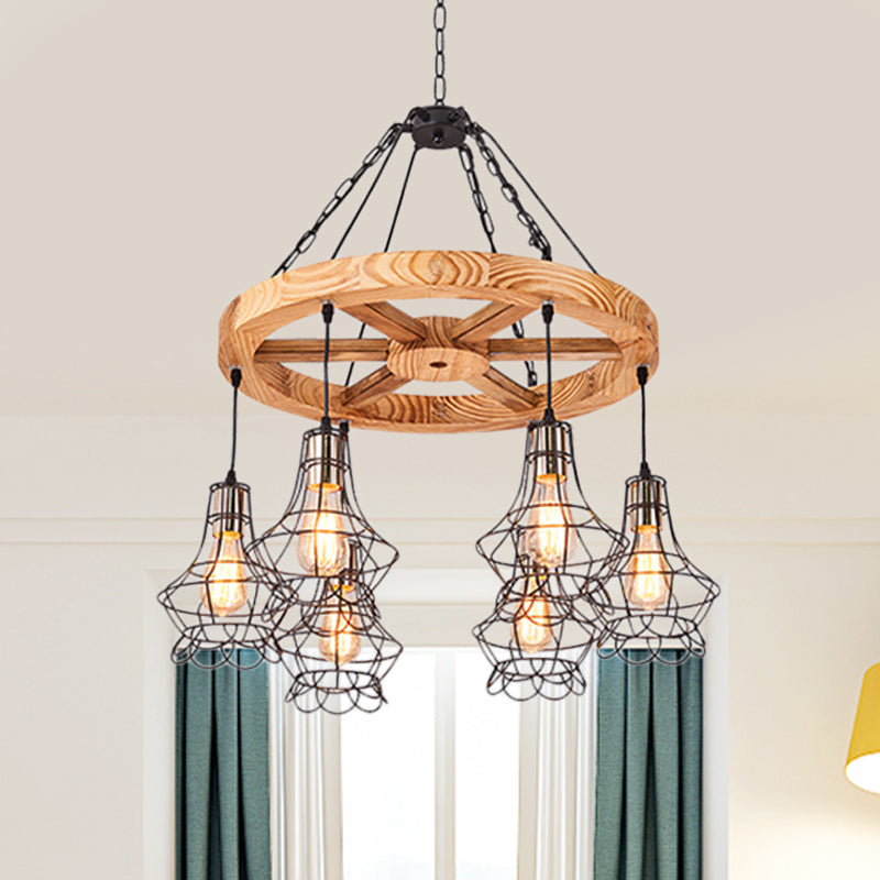 Wagon Wheel Wood Suspension Light Warehouse 6/8-Light Dining Hall Ceiling Chandelier with Wire Cage