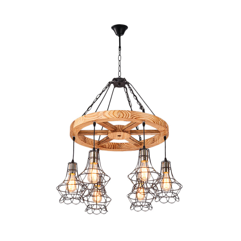 Wagon Wheel Wood Suspension Light Warehouse 6/8-Light Dining Hall Ceiling Chandelier with Wire Cage