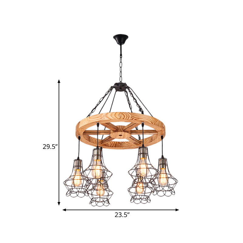 Wagon Wheel Wood Suspension Light Warehouse 6/8-Light Dining Hall Ceiling Chandelier with Wire Cage