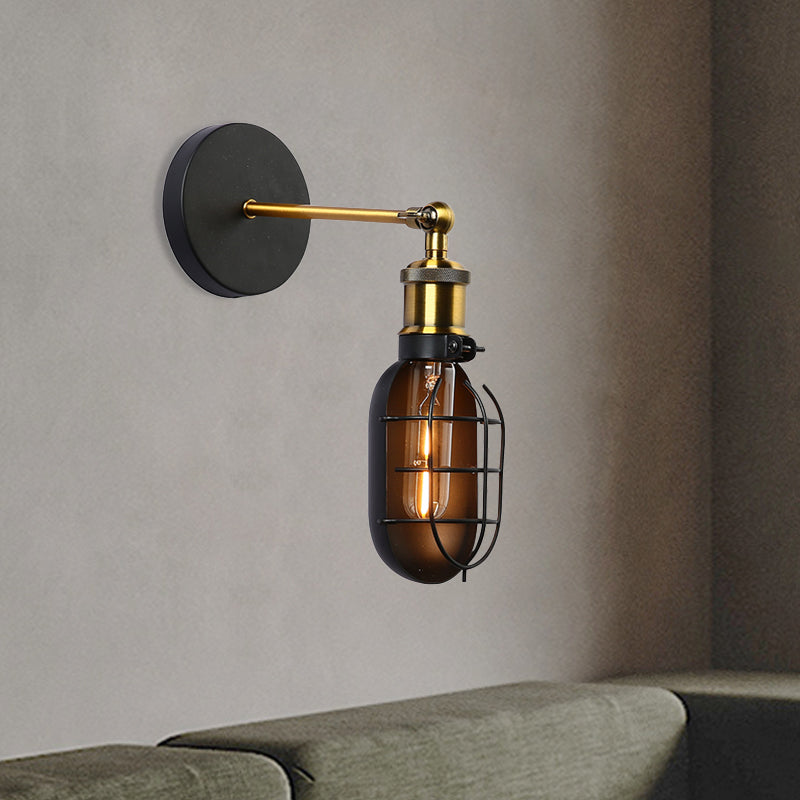 Capsule Cage Restaurant Wall Light Sconce Factory Metal 1 Head Black and Brass Wall Lamp