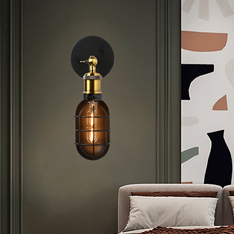 Capsule Cage Restaurant Wall Light Sconce Factory Metal 1 Head Black and Brass Wall Lamp