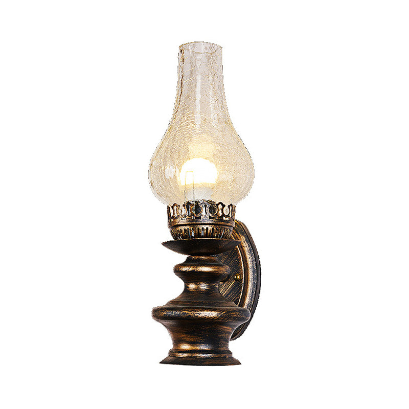Vintage Kerosene Sconce Lighting 1 Light Clear Crackle Glass Wall Mount Light Fixture in Brass