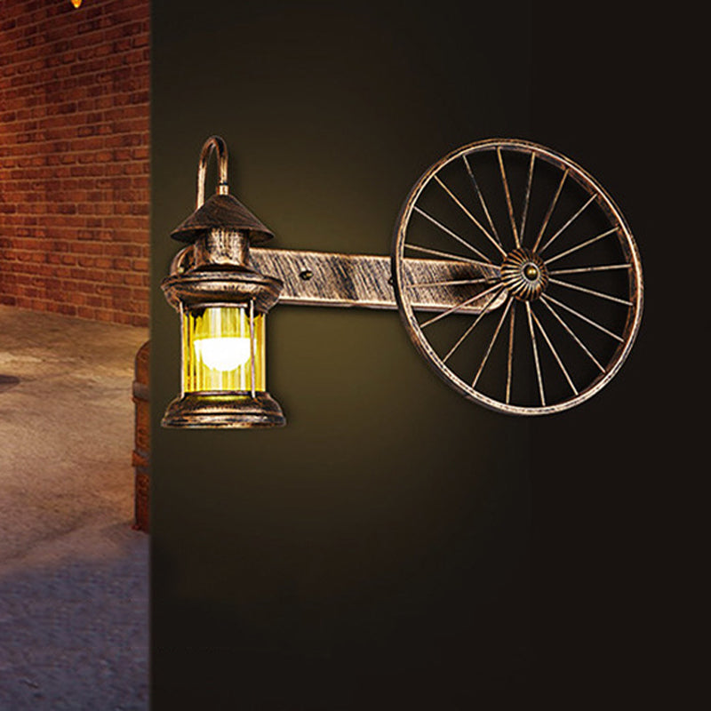 1 Bulb Amber Glass Sconce Coastal Brass Lantern Corner Wall Mounted Light with Wagon Wheel Deco