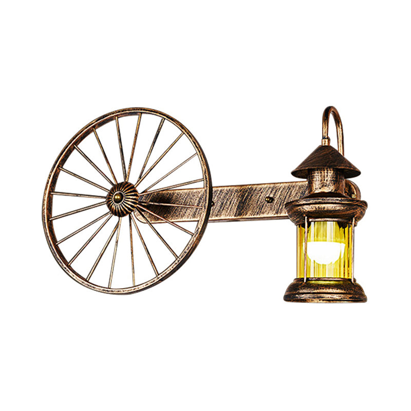 1 Bulb Amber Glass Sconce Coastal Brass Lantern Corner Wall Mounted Light with Wagon Wheel Deco