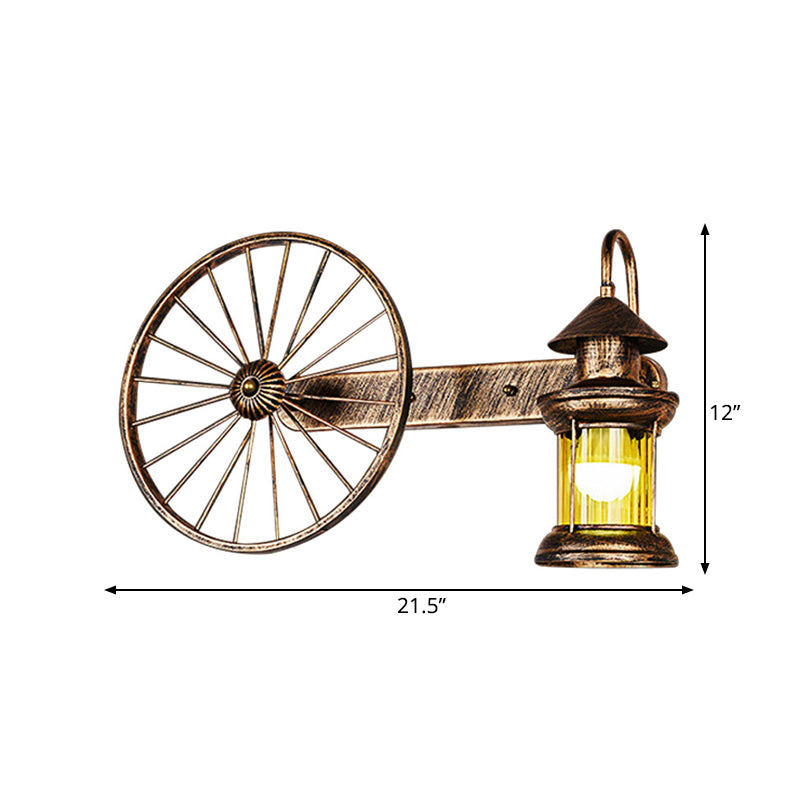 1 Glühbaumbernglas -Wandleuchter Küste Messinnen -Eckwandmauer mit Wagenrad -Deco