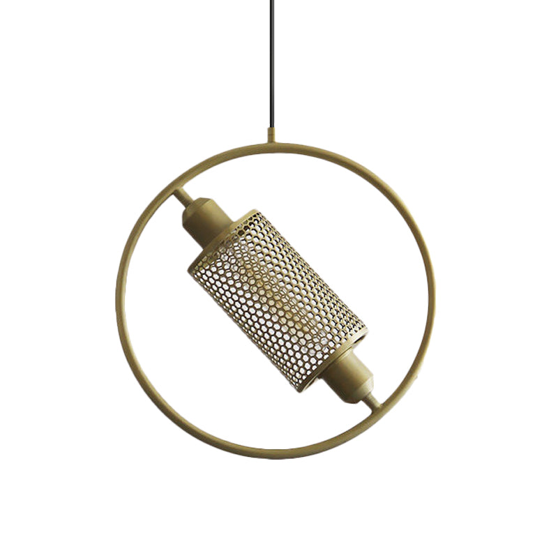 1 Bulb Hanging Ceiling Light Colonial Cylinder Metal Mesh Pendant Lamp with Ring in Black/Gold, 14"/18" Wide