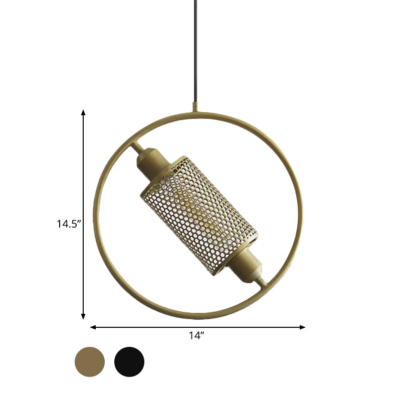 1 Bulb Hanging Ceiling Light Colonial Cylinder Metal Mesh Pendant Lamp with Ring in Black/Gold, 14"/18" Wide