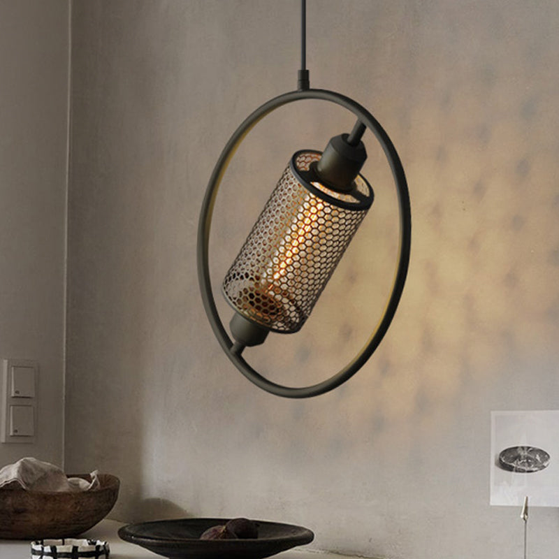 1 Bulb Hanging Ceiling Light Colonial Cylinder Metal Mesh Pendant Lamp with Ring in Black/Gold, 14"/18" Wide