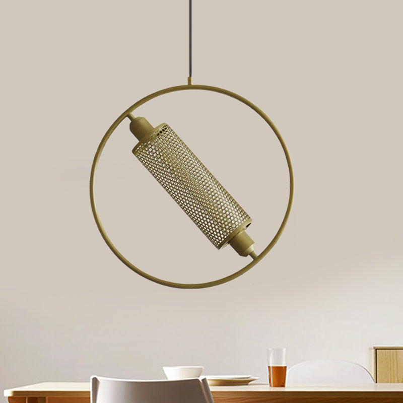 1 Bulb Hanging Ceiling Light Colonial Cylinder Metal Mesh Pendant Lamp with Ring in Black/Gold, 14"/18" Wide