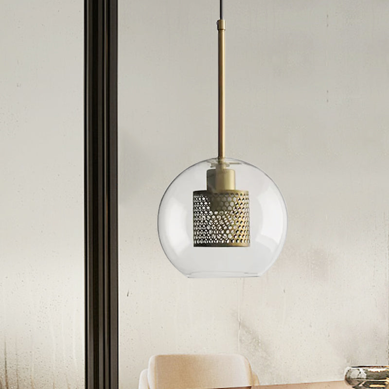 Cylindrical Bedroom Suspension Light Colonial Metal Mesh 1 Bulb Bronze/Silver Gray Pendant with Clear Glass Shade, 8"/9.5"/12" W