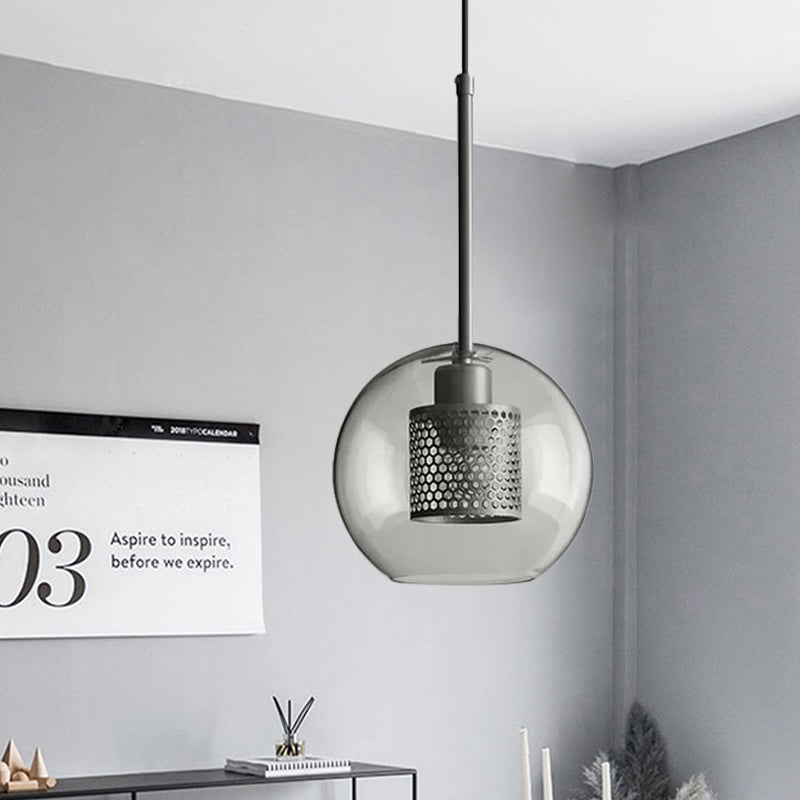 Cylindrical Bedroom Suspension Light Colonial Metal Mesh 1 Bulb Bronze/Silver Gray Pendant with Clear Glass Shade, 8"/9.5"/12" W