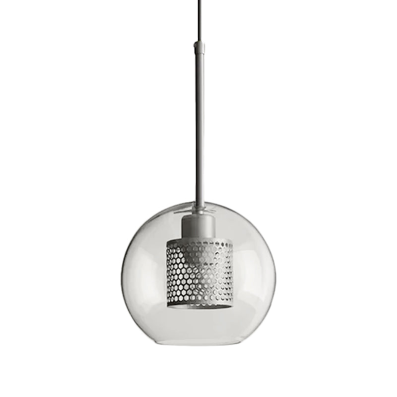 Cylindrical Bedroom Suspension Light Colonial Metal Mesh 1 Bulb Bronze/Silver Gray Pendant with Clear Glass Shade, 8"/9.5"/12" W