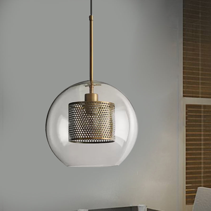 Cylindrical Bedroom Suspension Light Colonial Metal Mesh 1 Bulb Bronze/Silver Gray Pendant with Clear Glass Shade, 8"/9.5"/12" W