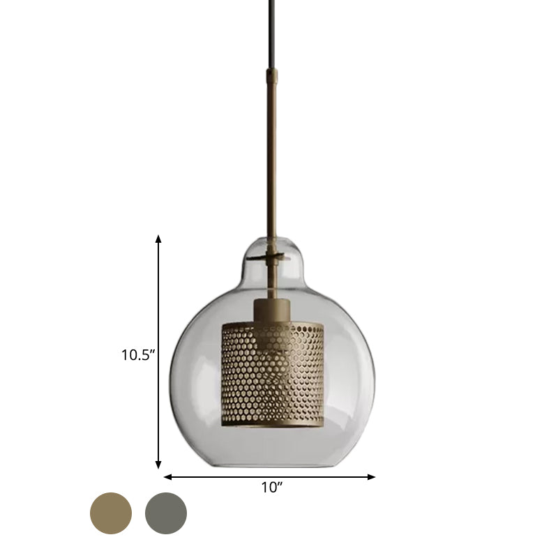 Clear Glass Globe hanger kolonialisme 1 hoofd restaurant verlichting in brons/zilvergrijs met cilinder metalen gaas, 10 "/12" w