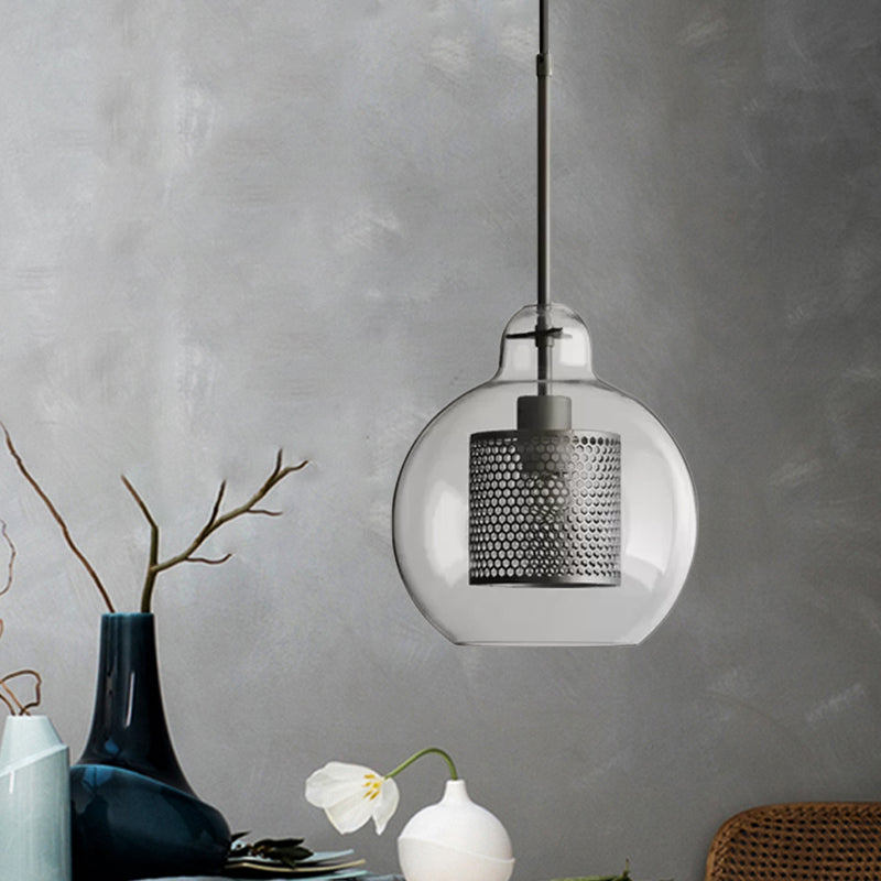 Clear Glass Globe Pendant Colonialism 1 Head Restaurant Down Lighting in Bronze/Silver Gray with Cylinder Metal Mesh, 10"/12" W