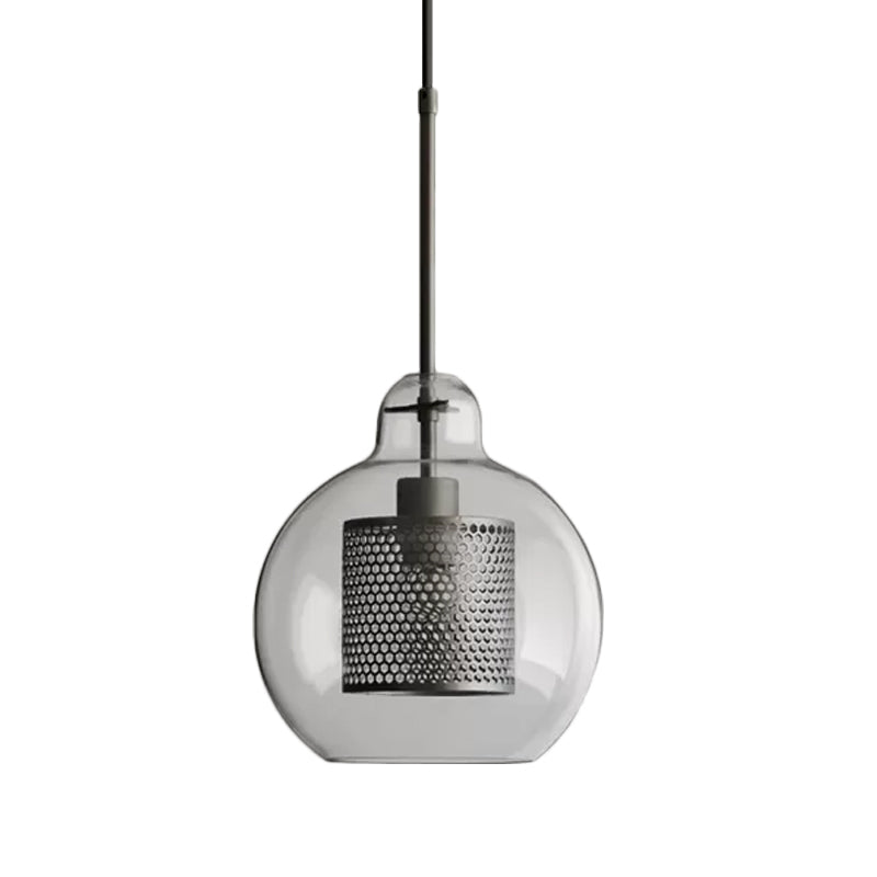 Clear Glass Globe Pendant Colonialism 1 Head Restaurant Down Lighting in Bronze/Silver Gray with Cylinder Metal Mesh, 10"/12" W