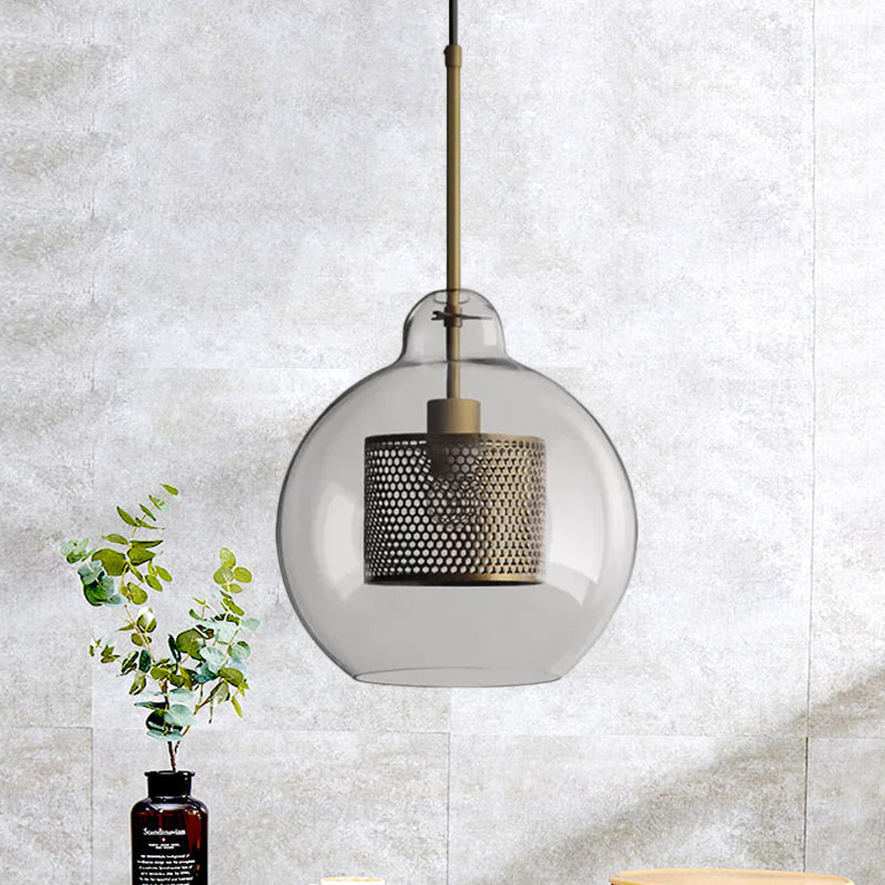 Clear Glass Globe Pendant Colonialism 1 Head Restaurant Down Lighting in Bronze/Silver Gray with Cylinder Metal Mesh, 10"/12" W