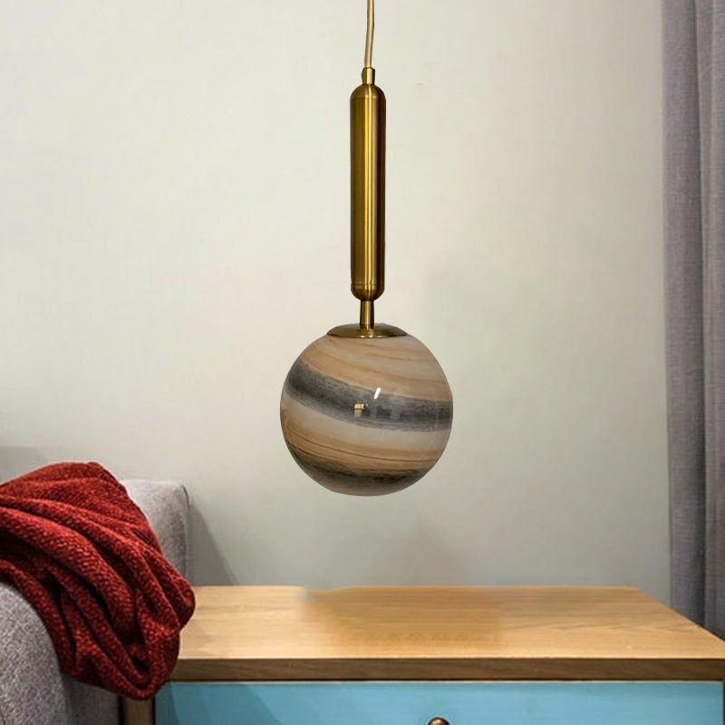 1-Bulb Bedroom Drop Lamp Modern Brass Pendant Lighting Fixture with Ball Tan/Blue Glass Shade