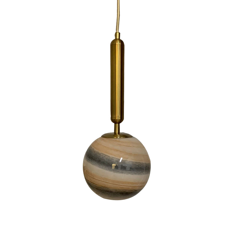 1-Bulb Bedroom Drop Lamp Modern Brass Pendant Lighting Fixture with Ball Tan/Blue Glass Shade