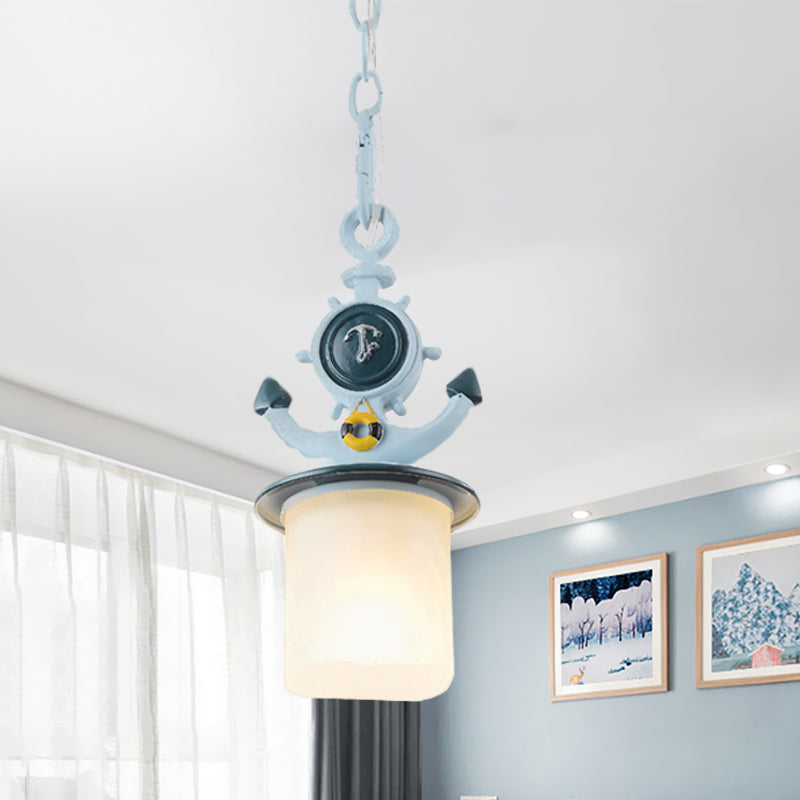 Cylinder Frosted Glass Pendant Light Kids 1 Head Blue Suspension Lamp with Anchor Design for Living Room