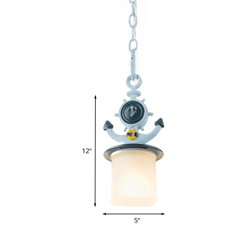 Cylinder Frosted Glass Pendant Light Kids 1 Head Blue Suspension Lamp with Anchor Design for Living Room