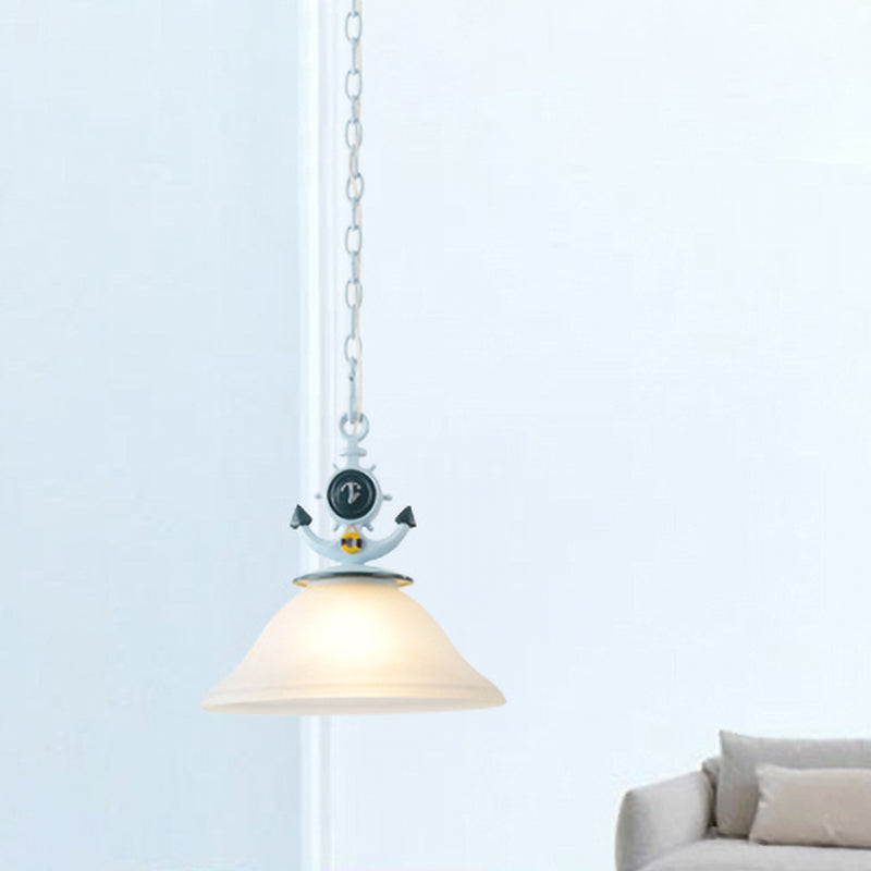 Frosted Glass Bell Hanging Light Kids 1 Light Blue Suspended Lighting Fixture with Anchor Decoration