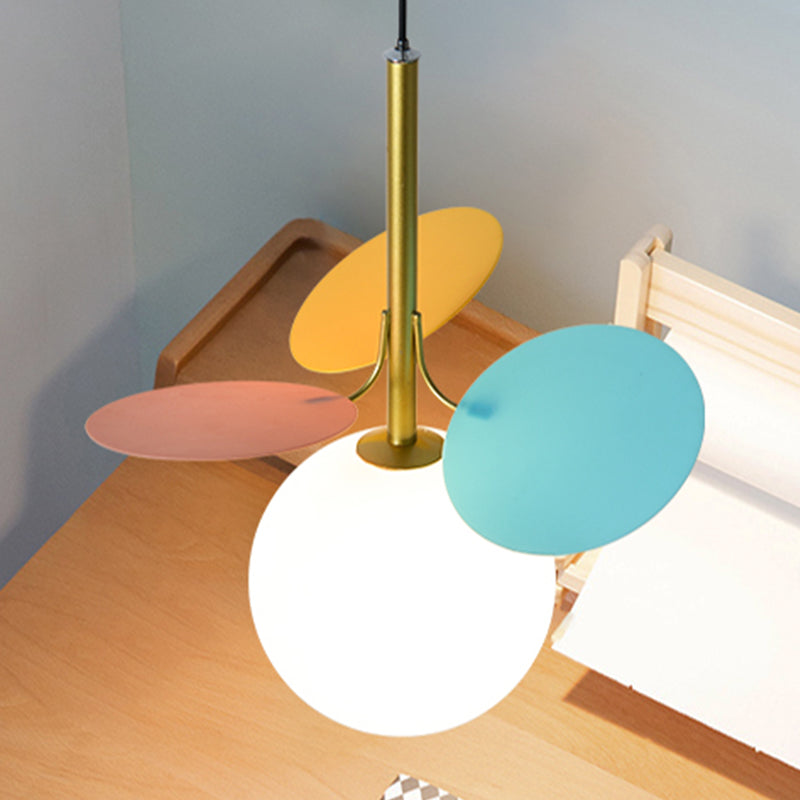 Nordic Globe Suspension Light White Glass 1-Bulb Bedroom Pendant Lamp with Red and Blue PVC Panel