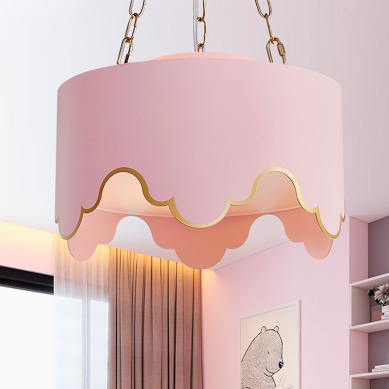 Tambour pendentif plafond léger kid iron 1 lampe de suspension rose bulbe avec bord à volants pour pépinière