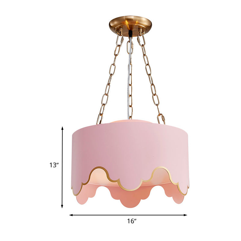 Drum Pendant Ceiling Light Kids Iron 1 Bulb Pink Suspension Lamp with Ruffled Edge for Nursery