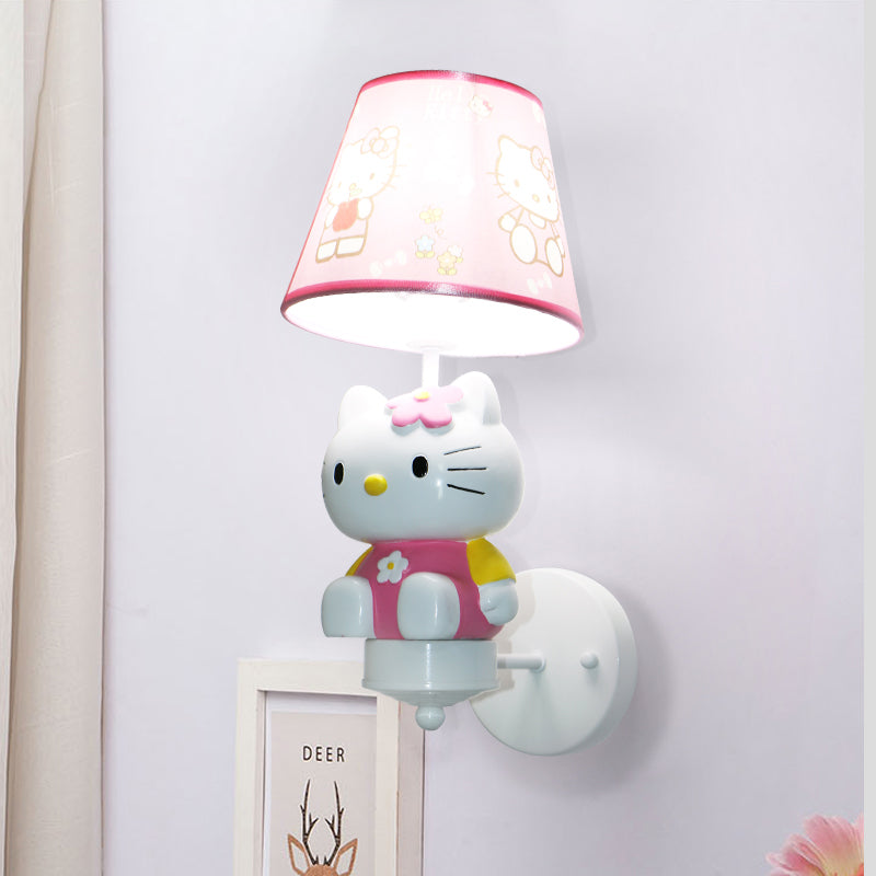 Cute Kitty Girl's Room Wall Lighting Resin Single Cartoon Sconce Fixture in Pink with Tapered Fabric Shade