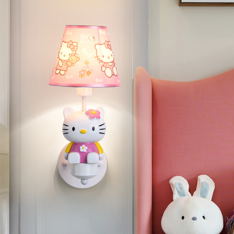 Cute Kitty Girl's Room Wall Lighting Resin Single Cartoon Sconce Fixture in Pink with Tapered Fabric Shade