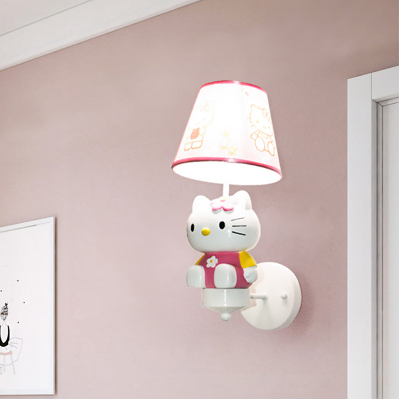 Cute Kitty Girl's Room Wall Lighting Resin Single Cartoon Sconce Fixture in Pink with Tapered Fabric Shade