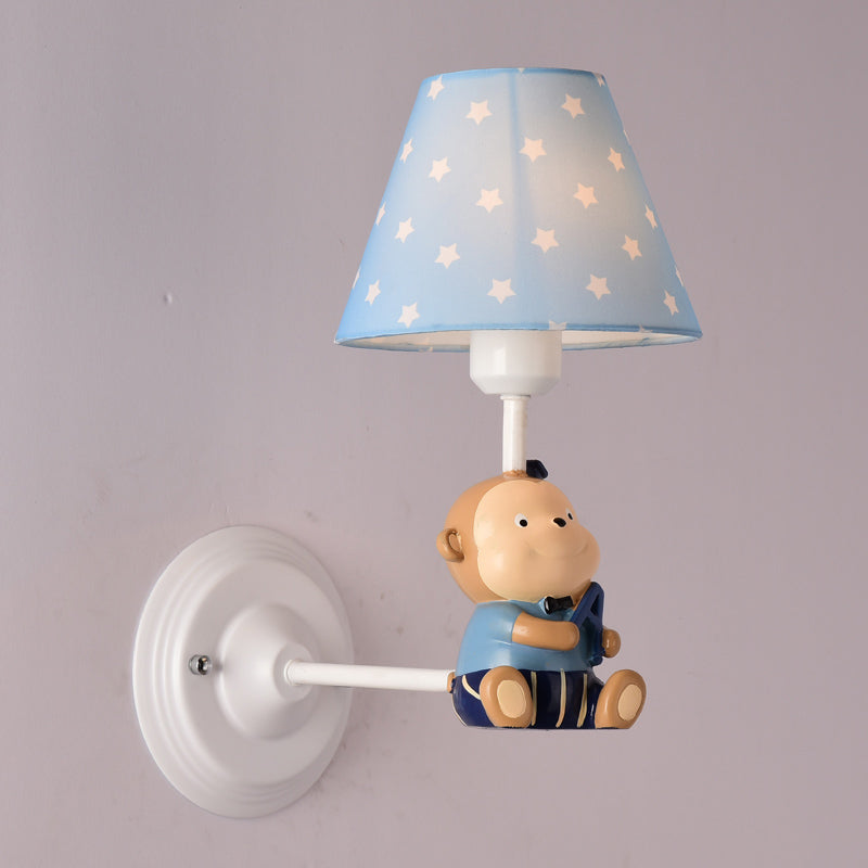 Cone Kids Bedside Wall Mounted Light Fabric 1 Light Cartoon Sconce Ideas in Blue/Red with Little Bear Decor